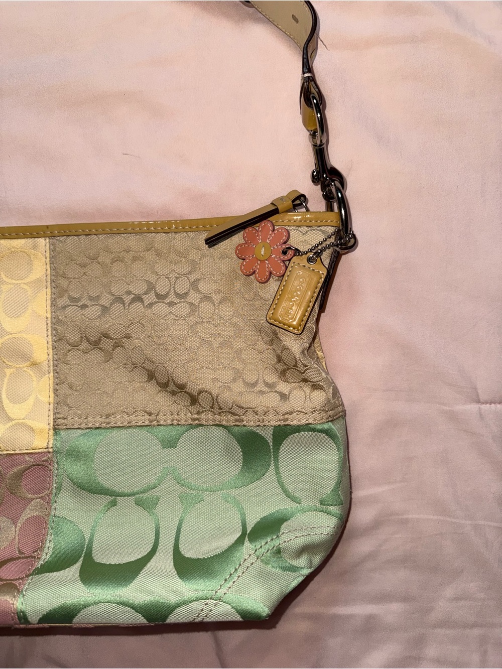 Coach Pastel Patchwork Signature Shoulder Bag - Yellow, Beige, Pink, Green - Picture 2 of 12